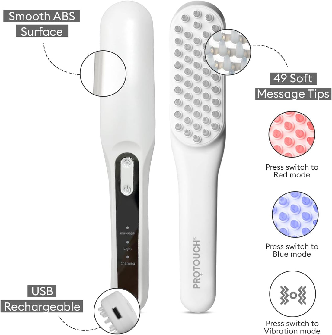 PROTOUCH LED Hair Growth Therapy Comb – Red & Blue Light + Vibration Massage